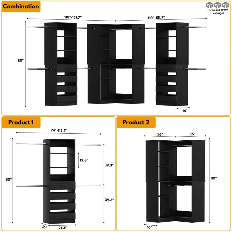 79"-267" Adjustable Closet System with Drawers & Shelves for Bedroom/Closet
