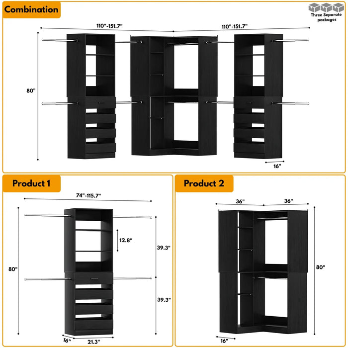 79"-267" Adjustable Closet System with Drawers & Shelves for Bedroom/Closet