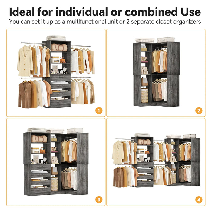 58"-152" Adjustable Freestanding Closet System with Drawers and Shelves, 2 Pack