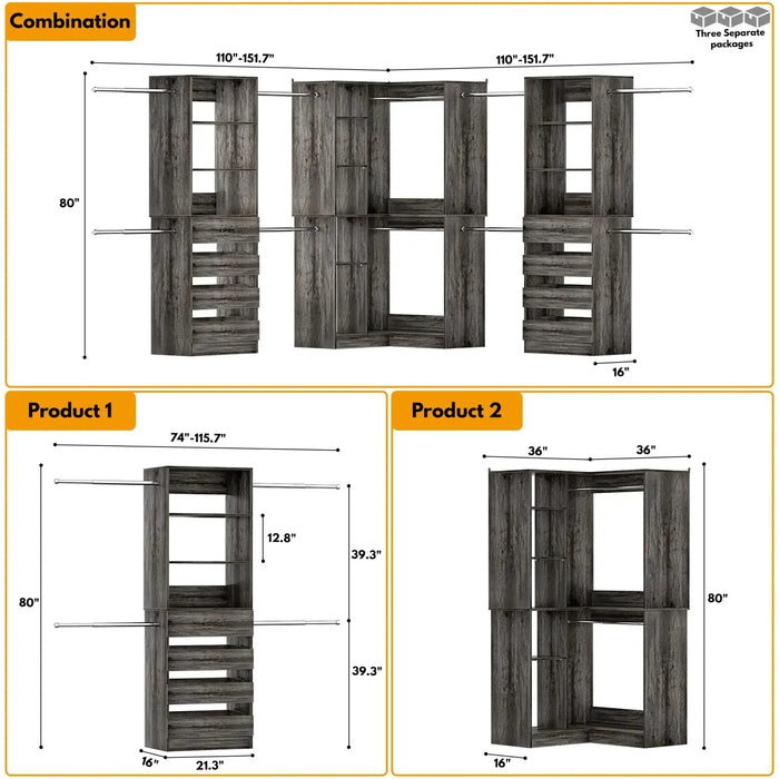 79"-267" Adjustable Closet System with Drawers & Shelves for Bedroom/Closet