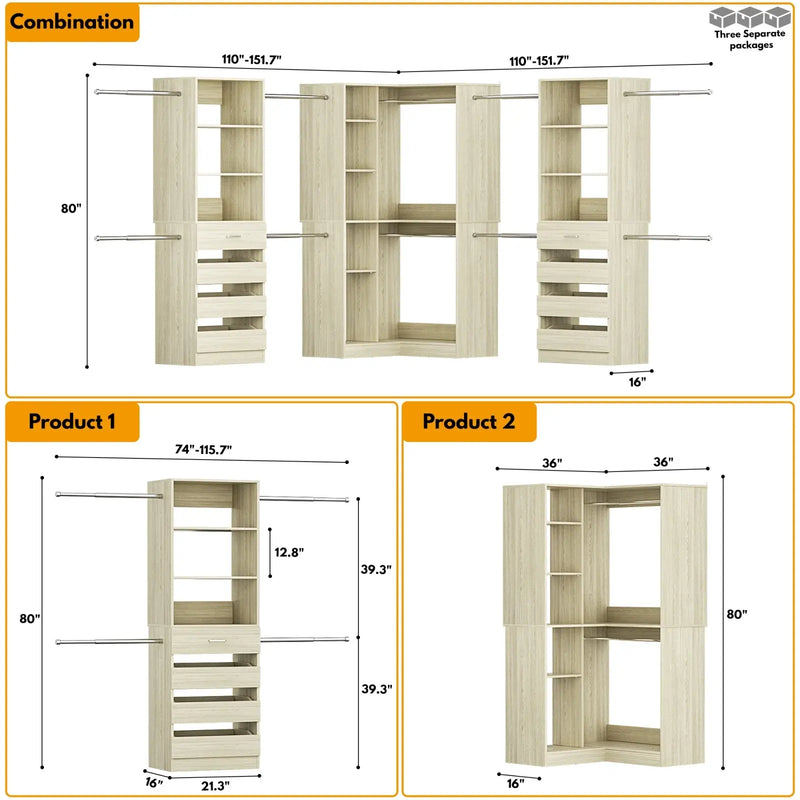 79"-267" Adjustable Closet System with Drawers & Shelves for Bedroom/Closet