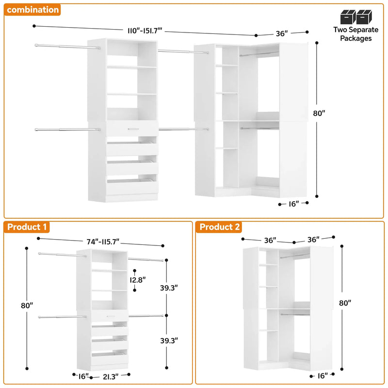 58"-152" Adjustable Freestanding Closet System with Drawers and Shelves, 2 Pack