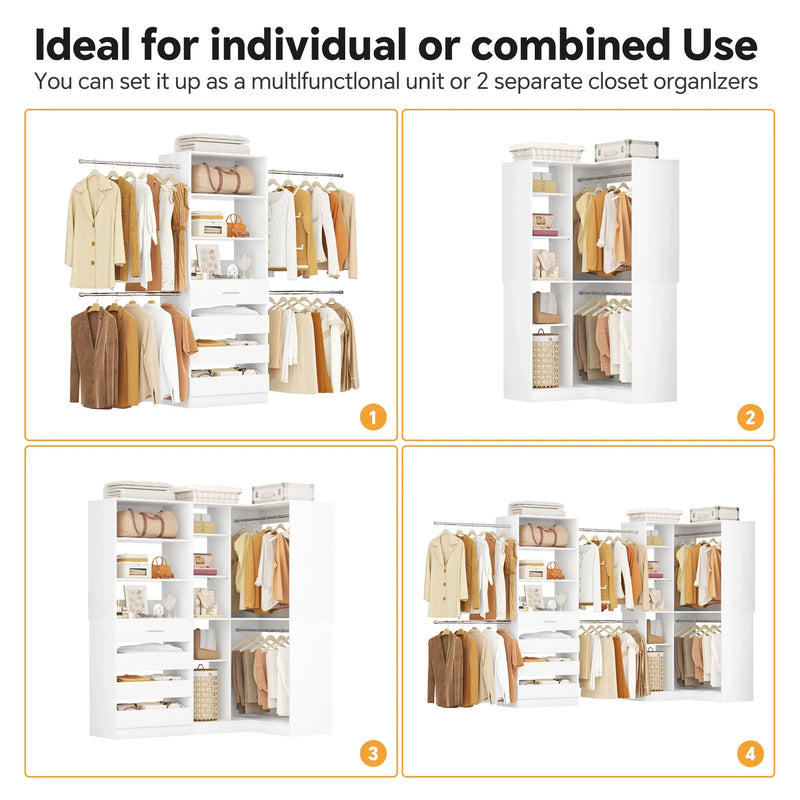 58"-152" Adjustable Freestanding Closet System with Drawers and Shelves, 2 Pack