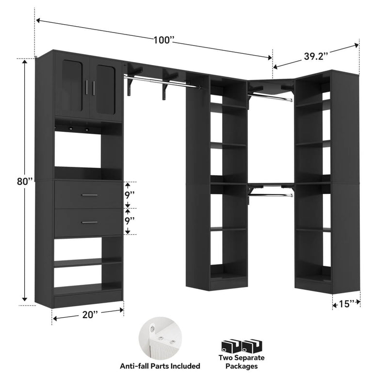 100 Inch L Shaped Closet Organizers and Storage System with Drawers and Corner Closet