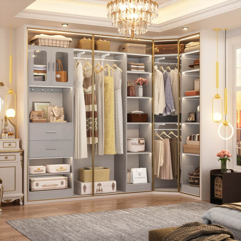 100 Inch L Shaped Closet Organizers and Storage System with Drawers and Corner Closet
