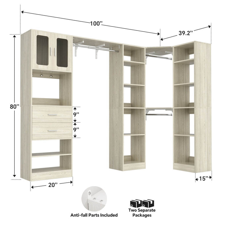 100 Inch L Shaped Closet Organizers and Storage System with Drawers and Corner Closet