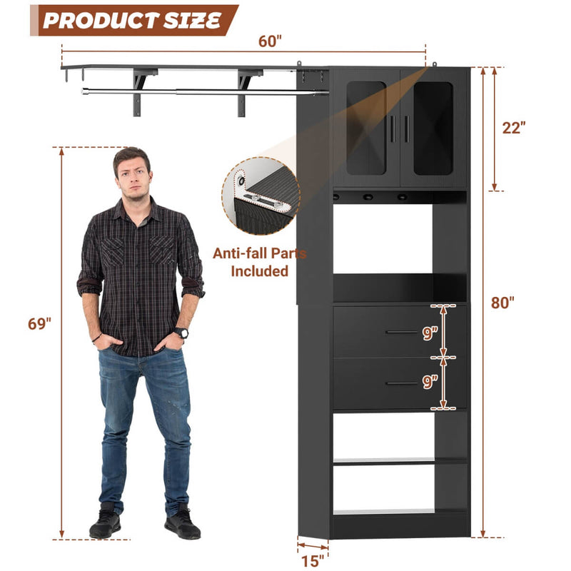 5FT Closet System with 3 Wooden Drawers, Hanging Rod, and Storage Cabinet