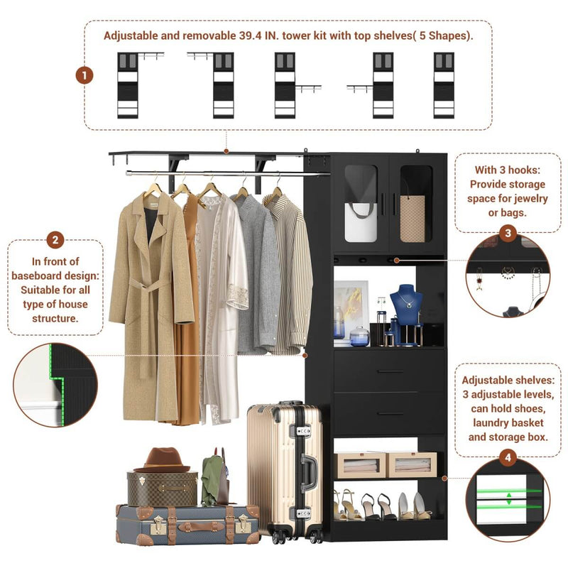 5FT Closet System with 3 Wooden Drawers, Hanging Rod, and Storage Cabinet