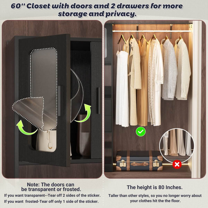 5FT Closet System with 3 Wooden Drawers, Hanging Rod, and Storage Cabinet