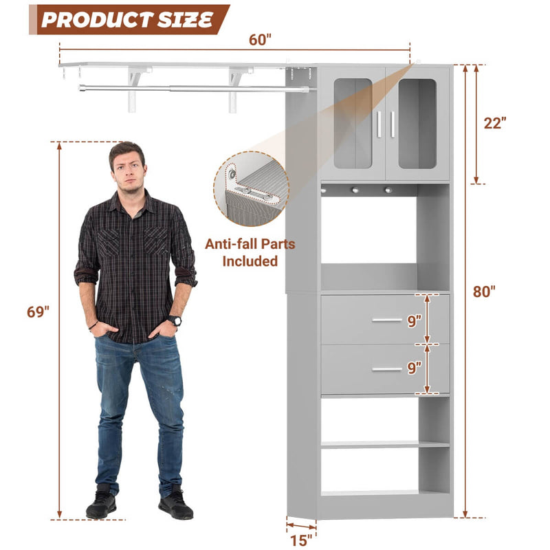 5FT Closet System with 3 Wooden Drawers, Hanging Rod, and Storage Cabinet