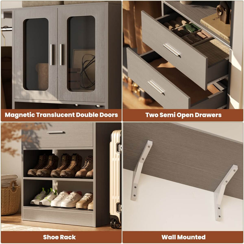 5FT Closet System with 3 Wooden Drawers, Hanging Rod, and Storage Cabinet