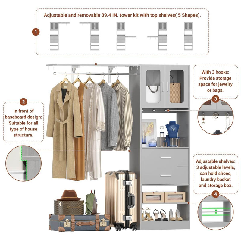 5FT Closet System with 3 Wooden Drawers, Hanging Rod, and Storage Cabinet