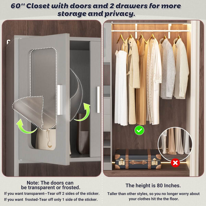5FT Closet System with 3 Wooden Drawers, Hanging Rod, and Storage Cabinet