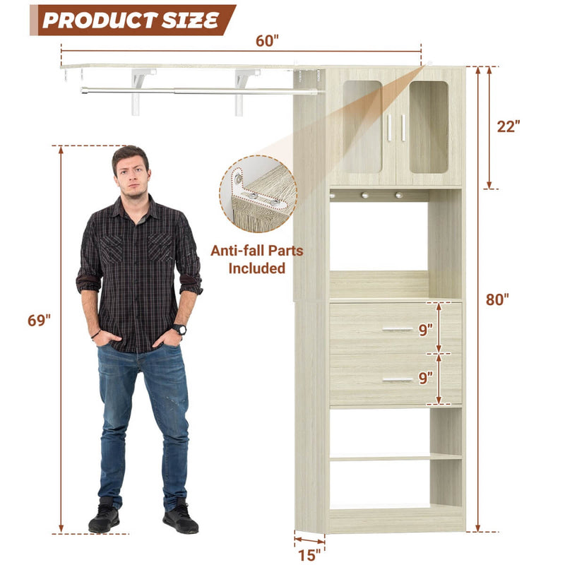 5FT Closet System with 3 Wooden Drawers, Hanging Rod, and Storage Cabinet