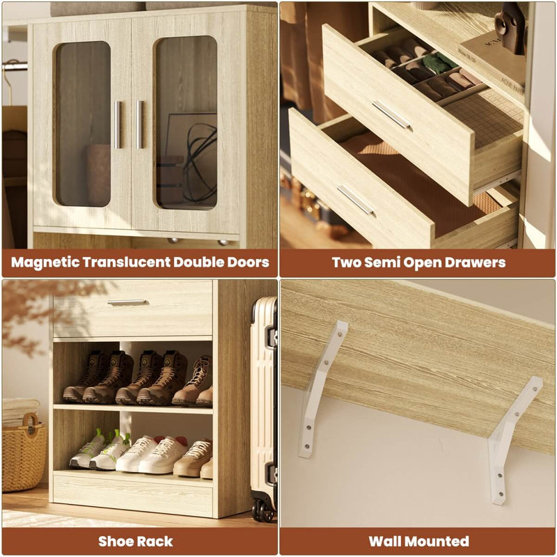 5FT Closet System with 3 Wooden Drawers, Hanging Rod, and Storage Cabinet