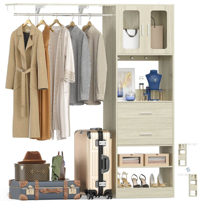 5FT Closet System with 3 Wooden Drawers, Hanging Rod, and Storage Cabinet