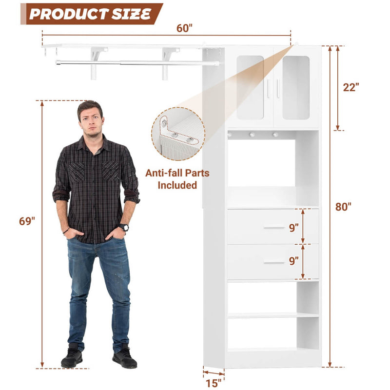 5FT Closet System with 3 Wooden Drawers, Hanging Rod, and Storage Cabinet