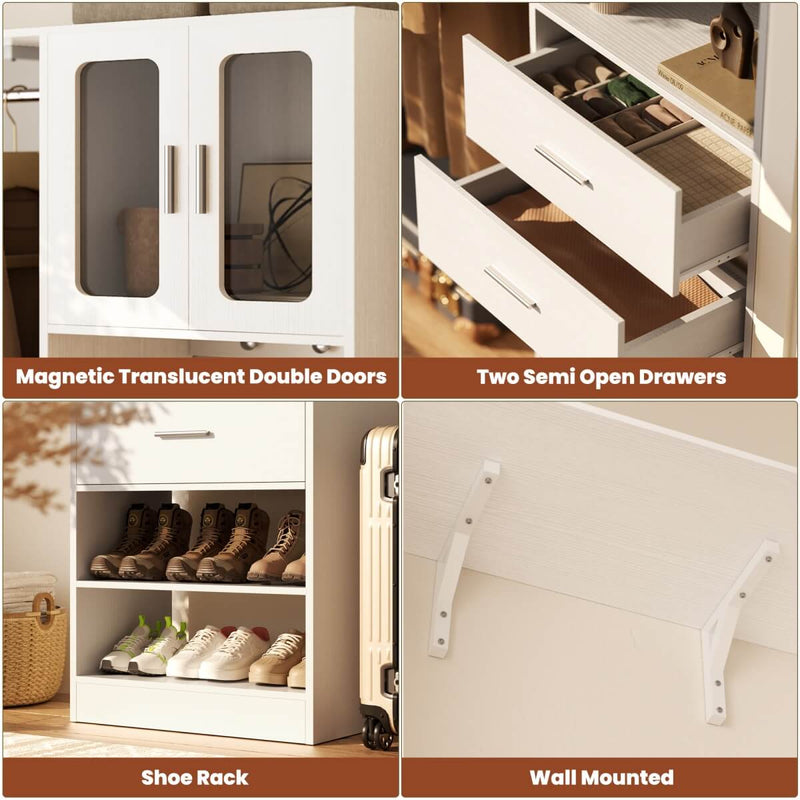 5FT Closet System with 3 Wooden Drawers, Hanging Rod, and Storage Cabinet