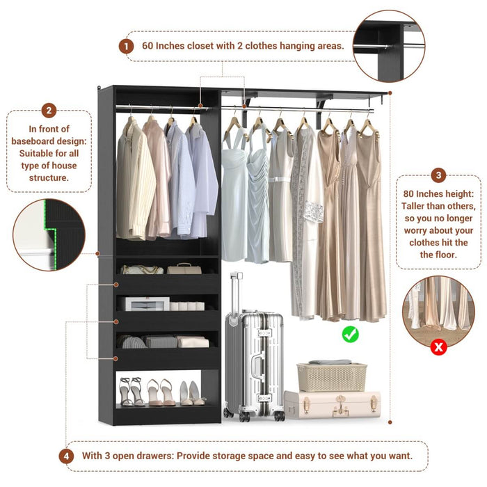 5FT Closet System with 3 Wooden Drawers & Hanging Rod, Reversible