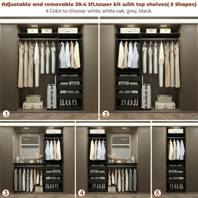 5FT Closet System with 3 Wooden Drawers & Hanging Rod, Reversible
