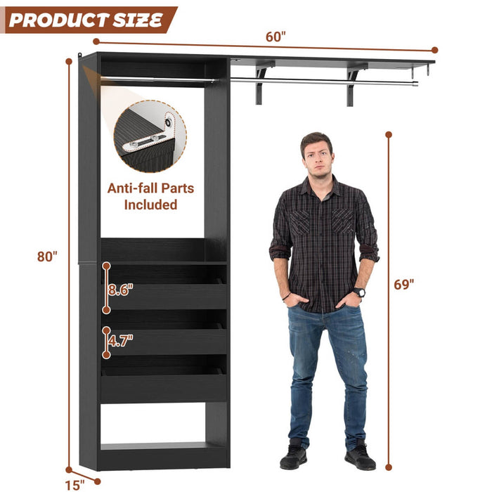 5FT Closet System with 3 Wooden Drawers & Hanging Rod, Reversible