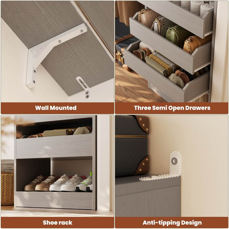 5FT Closet System with 3 Wooden Drawers & Hanging Rod, Reversible