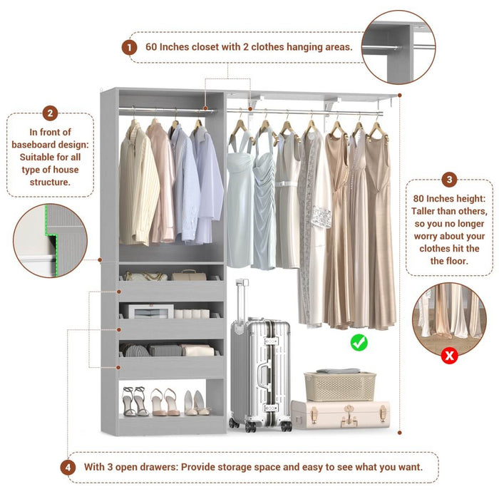 5FT Closet System with 3 Wooden Drawers & Hanging Rod, Reversible