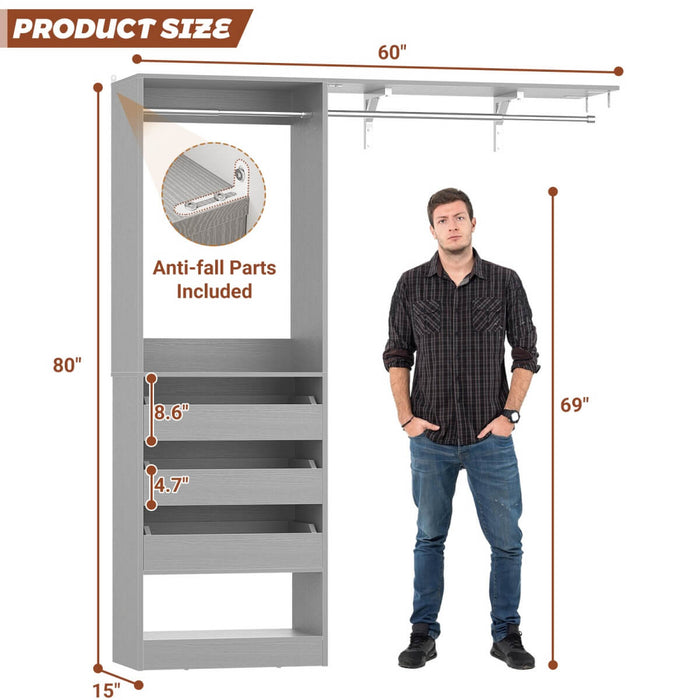 5FT Closet System with 3 Wooden Drawers & Hanging Rod, Reversible