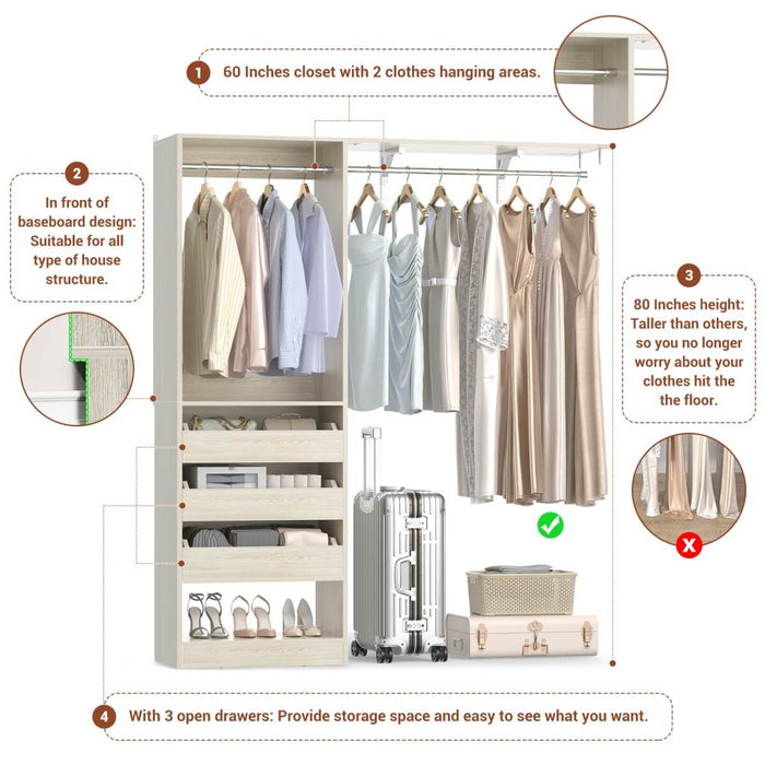 5FT Closet System with 3 Wooden Drawers & Hanging Rod, Reversible