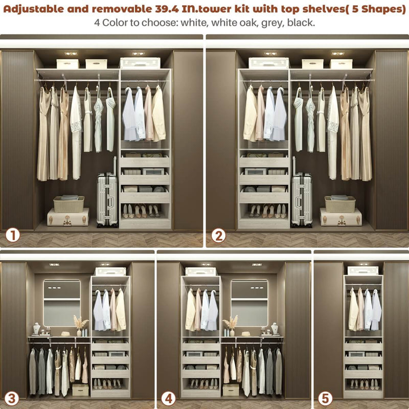 5FT Closet System with 3 Wooden Drawers & Hanging Rod, Reversible