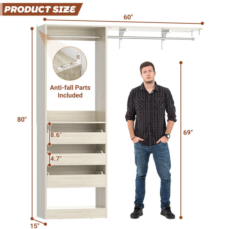 5FT Closet System with 3 Wooden Drawers & Hanging Rod, Reversible