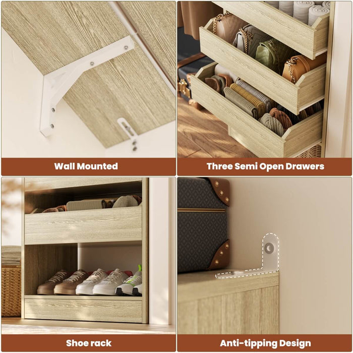 5FT Closet System with 3 Wooden Drawers & Hanging Rod, Reversible