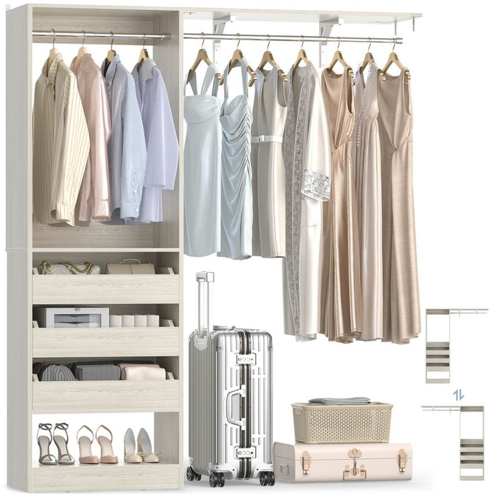 5FT Closet System with 3 Wooden Drawers & Hanging Rod, Reversible