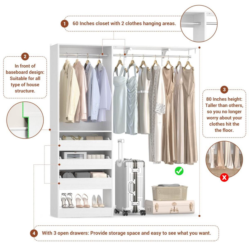 5FT Closet System with 3 Wooden Drawers & Hanging Rod, Reversible