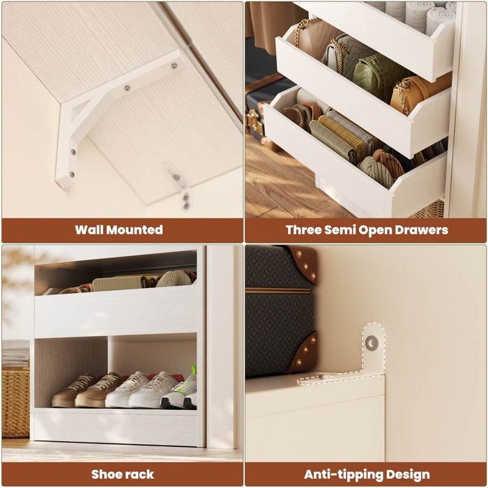 5FT Closet System with 3 Wooden Drawers & Hanging Rod, Reversible