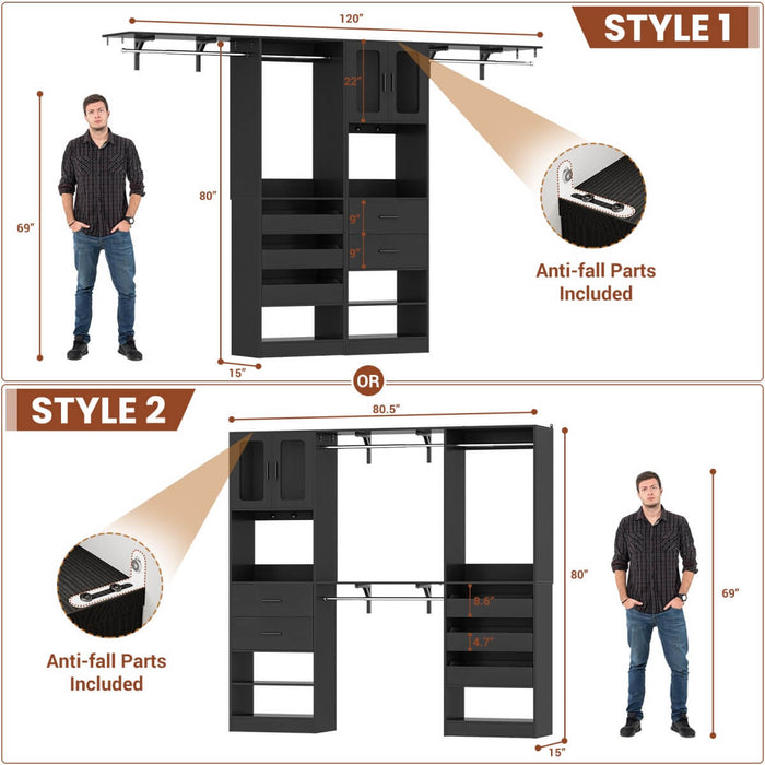 120 inch Closet System with 2 Sets, with 5 Drawers, 3 Hanging Rods, Reversible