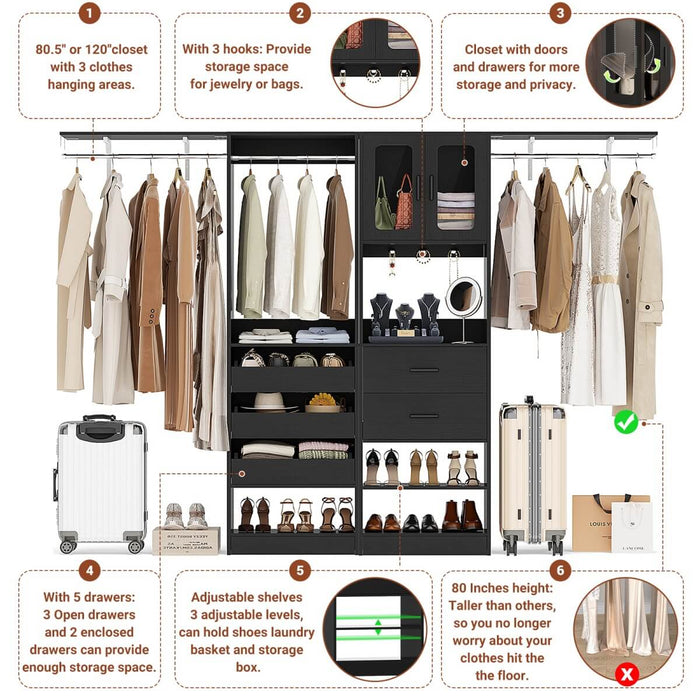 120 inch Closet System with 2 Sets, with 5 Drawers, 3 Hanging Rods, Reversible