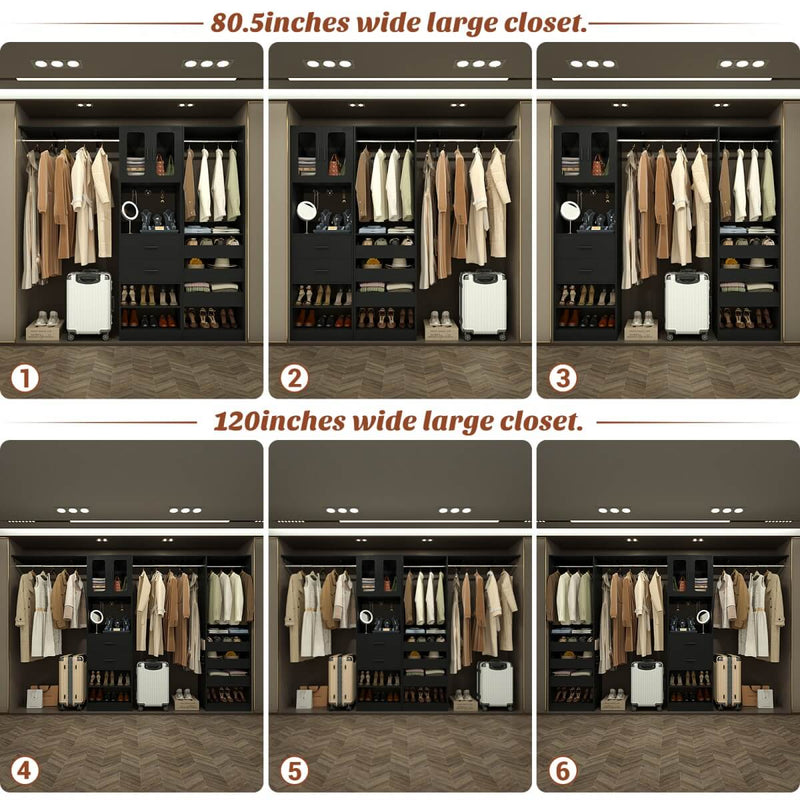 120 inch Closet System with 2 Sets, with 5 Drawers, 3 Hanging Rods, Reversible