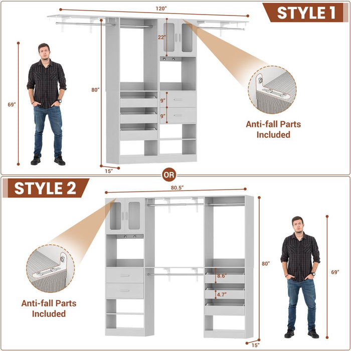 120 inch Closet System with 2 Sets, with 5 Drawers, 3 Hanging Rods, Reversible