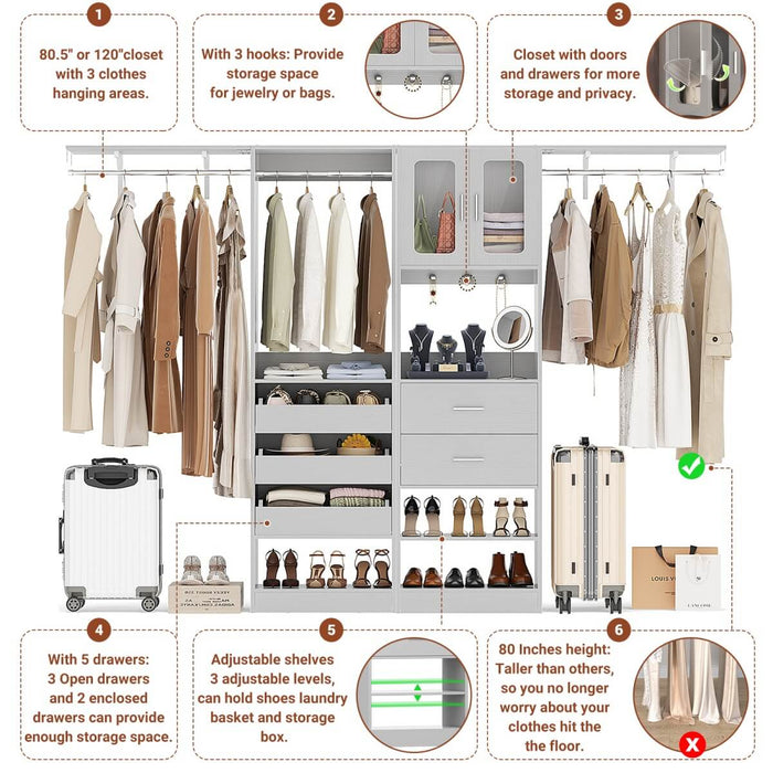 120 inch Closet System with 2 Sets, with 5 Drawers, 3 Hanging Rods, Reversible