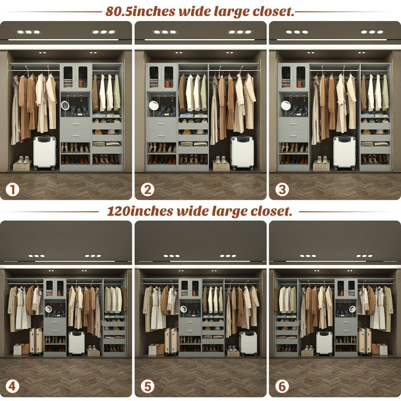 120 inch Closet System with 2 Sets, with 5 Drawers, 3 Hanging Rods, Reversible