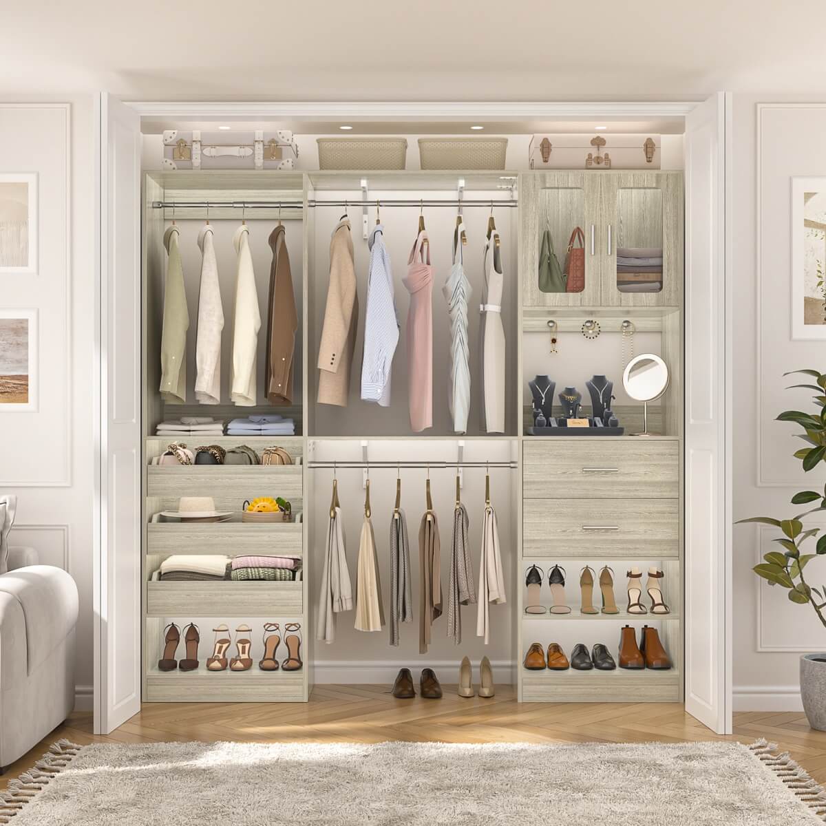 Aheaplus 120 inch Closet System with 2 Sets, with 5 Drawers, 3