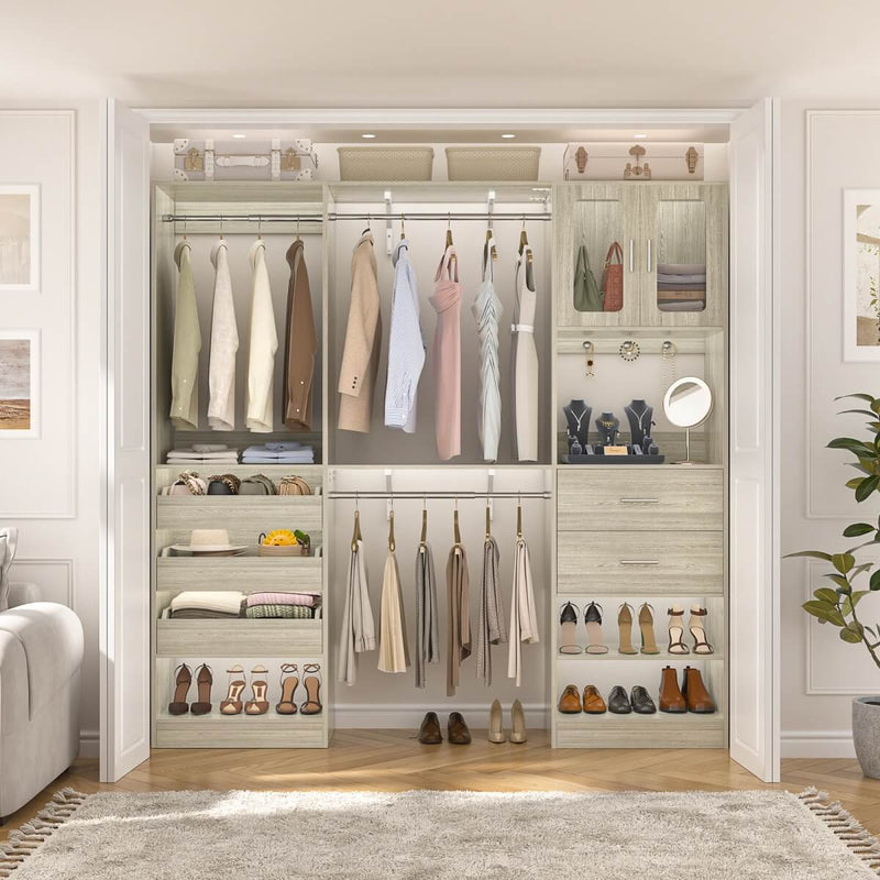 120 inch Closet System with 2 Sets, with 5 Drawers, 3 Hanging Rods, Reversible