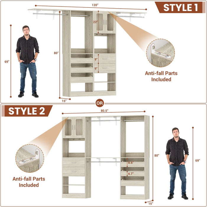 120 inch Closet System with 2 Sets, with 5 Drawers, 3 Hanging Rods, Reversible