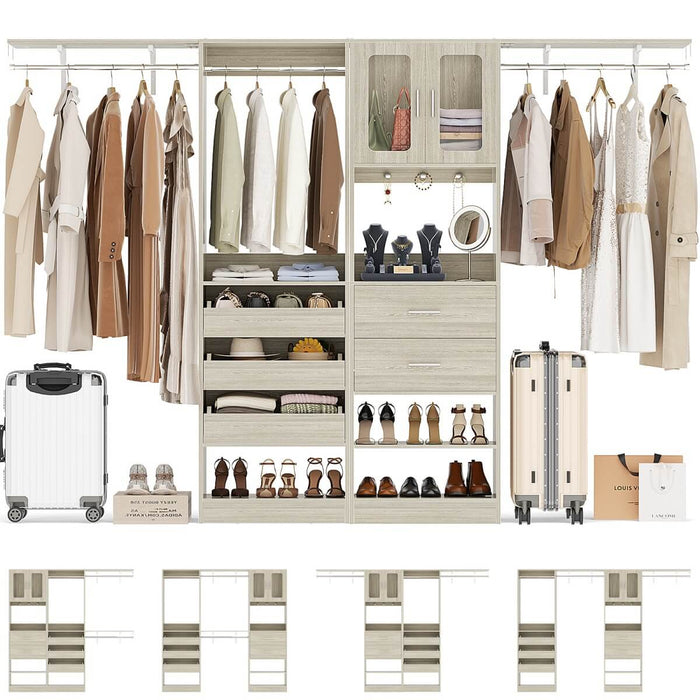 120 inch Closet System with 2 Sets, with 5 Drawers, 3 Hanging Rods, Reversible