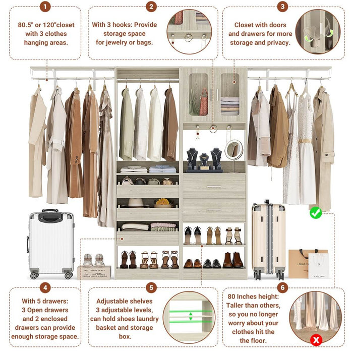 120 inch Closet System with 2 Sets, with 5 Drawers, 3 Hanging Rods, Reversible