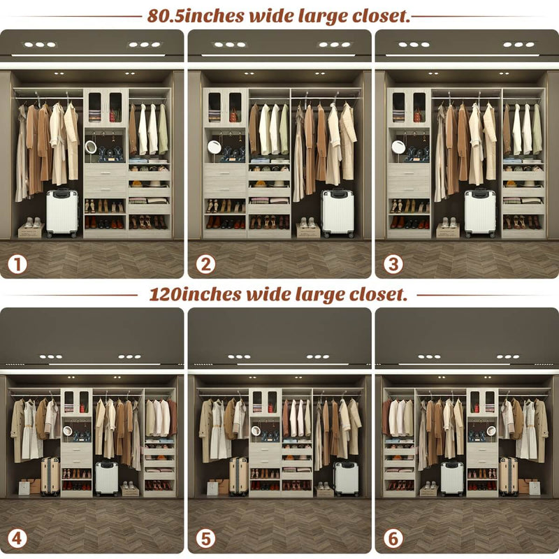 120 inch Closet System with 2 Sets, with 5 Drawers, 3 Hanging Rods, Reversible