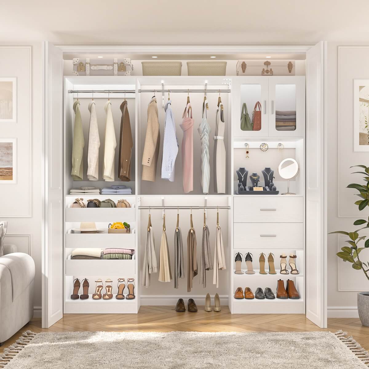 Aheaplus 120 inch Closet System with 2 Sets, with 5 Drawers, 3