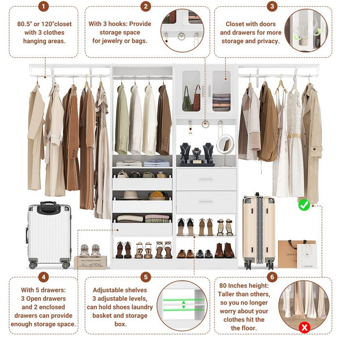 120 inch Closet System with 2 Sets, with 5 Drawers, 3 Hanging Rods, Reversible