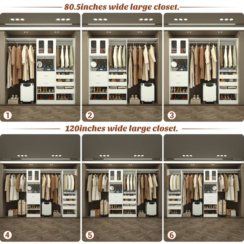 120 inch Closet System with 2 Sets, with 5 Drawers, 3 Hanging Rods, Reversible